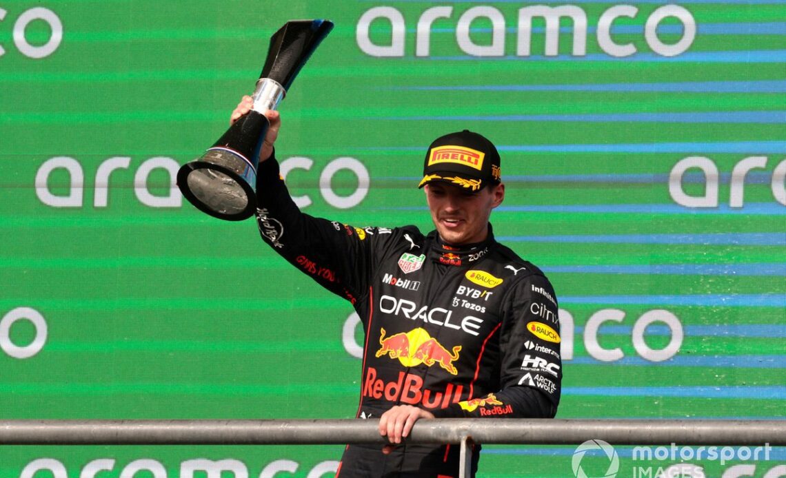 Max Verstappen, Red Bull Racing, 1st position, with the winners trophy