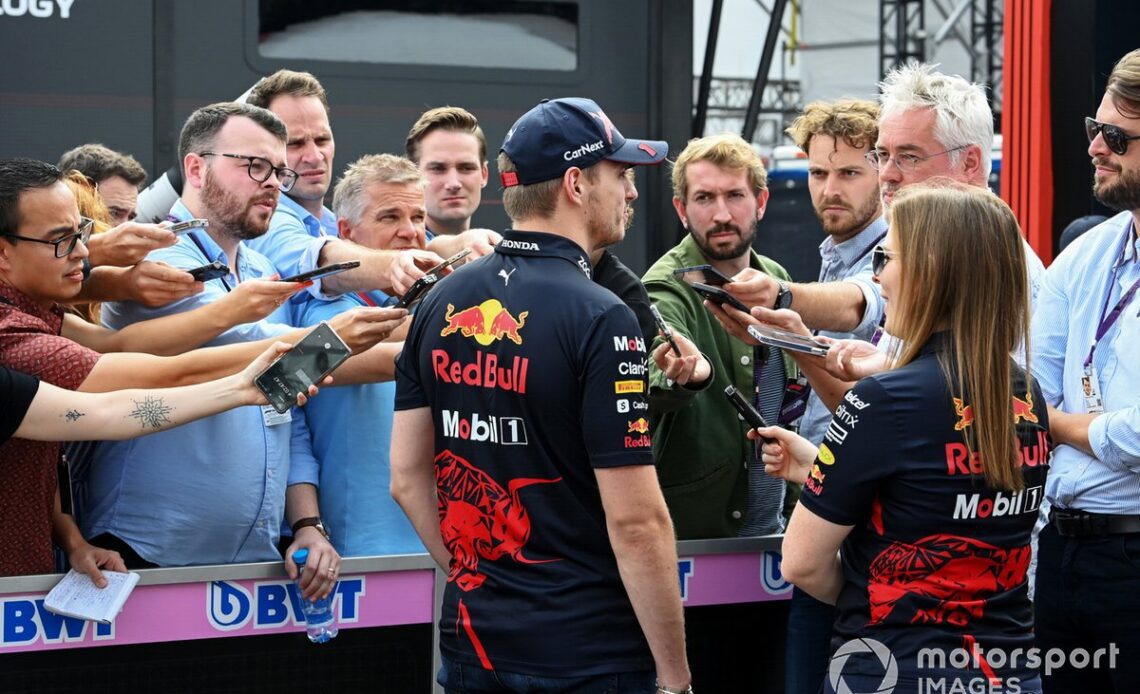 Max Verstappen, Red Bull Racing, talks to the press