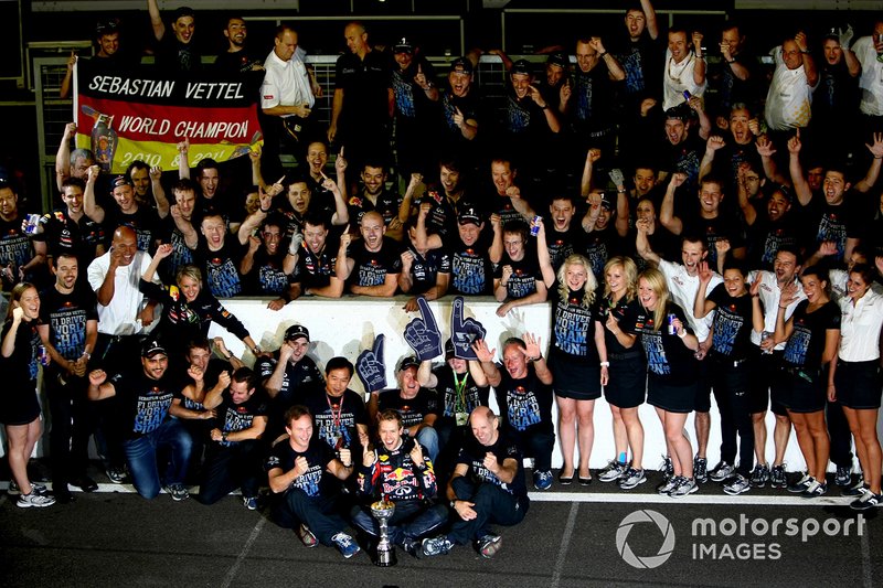 Sebastian Vettel, Red Bull Racing RB7 Renault, celebrates his second world championship with his team at the 2011 Japanese GP