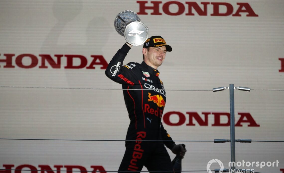 Max Verstappen, Red Bull Racing, 1st position, celebrates on the podium