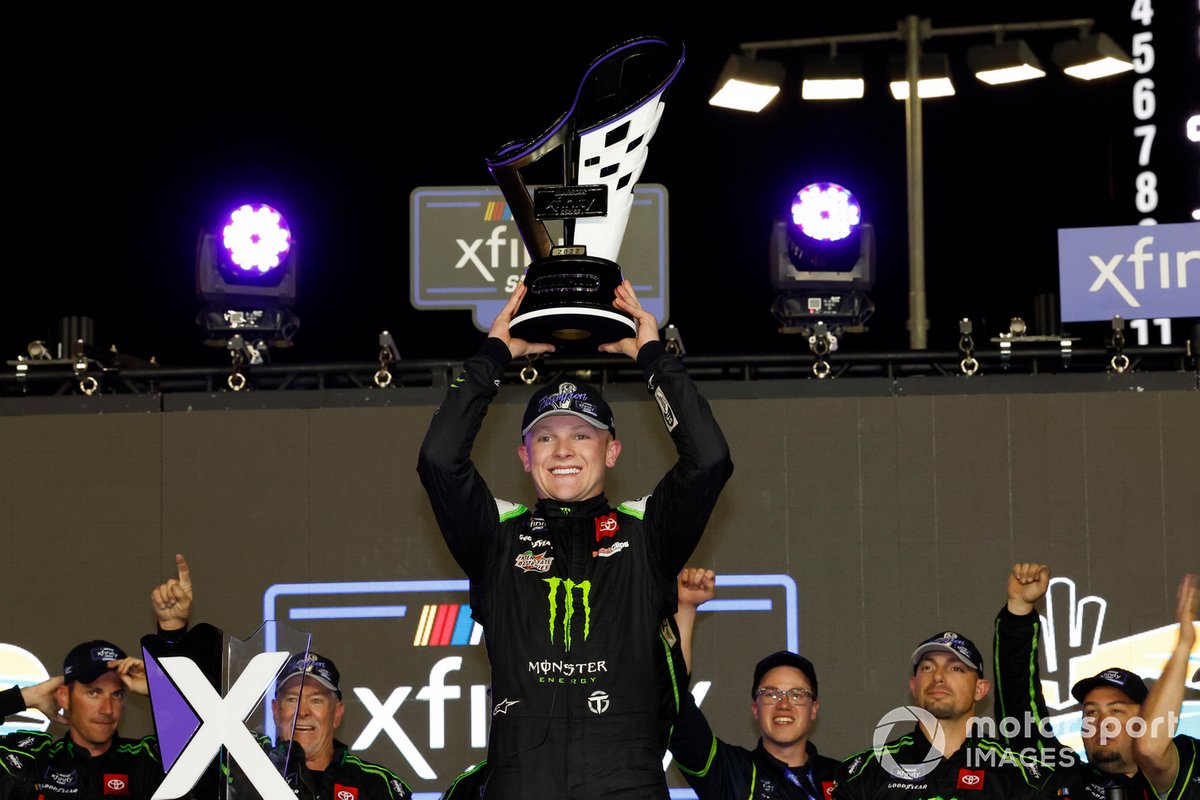 Ty Gibbs, Joe Gibbs Racing, Monster Energy Toyota Supra celebrates his win
