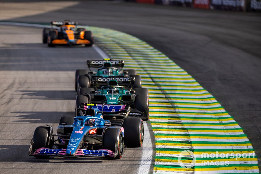 Ocon struggled badly for pace after the lap one clash with Alonso, who overtook him despite pitting to change his front wing before the penalty dropped him back behind