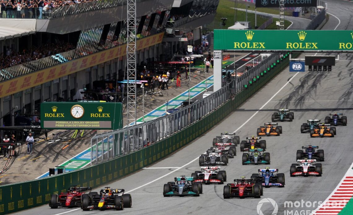 Max Verstappen leads the rest of the field at the start of the Austrian GP sprint.