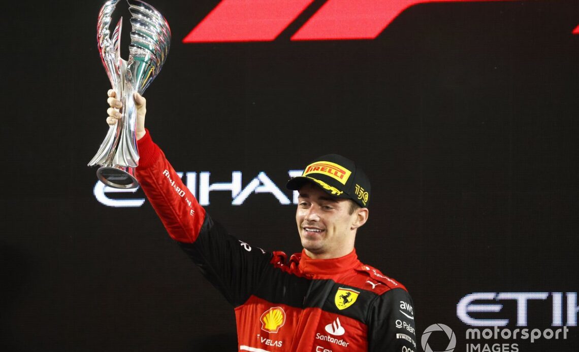 Charles Leclerc, Ferrari, 2nd position, lifts his trophy