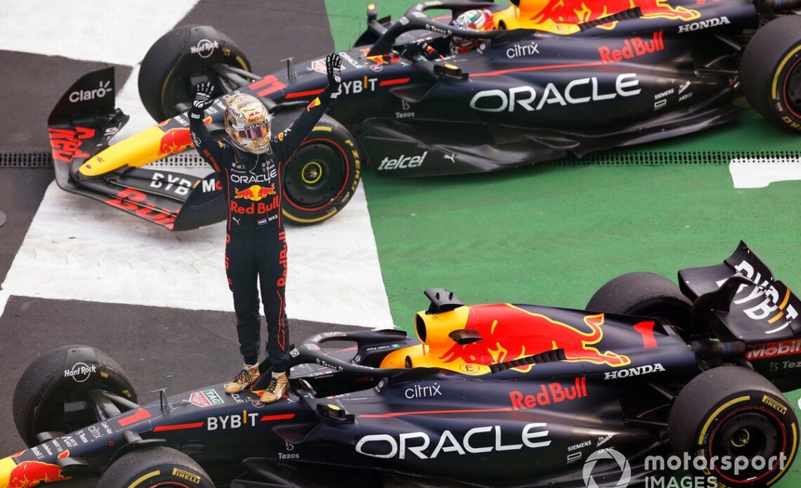 Max Verstappen, Red Bull Racing, 1st position, celebrates on arrival in Parc Ferme