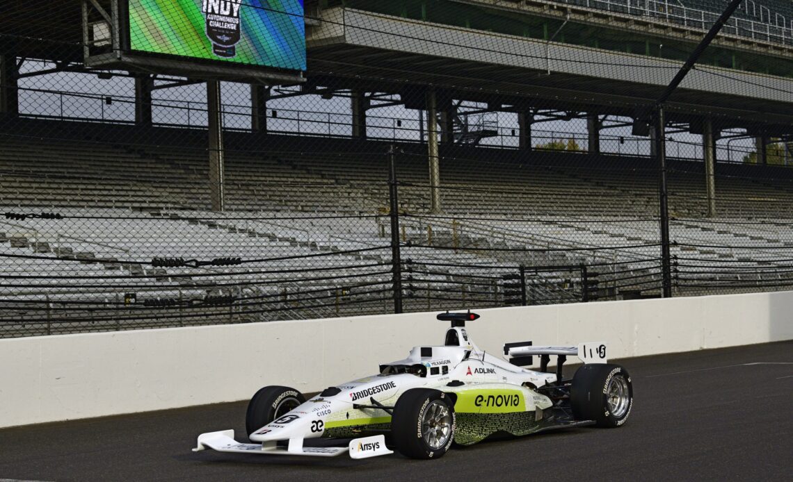 The PoliMOVE Dallara AW-21 on track at the 2021 Indy Autonomous Challenge, Indianapolis Motor Speedway