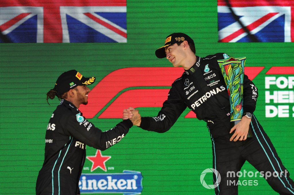 Lewis Hamilton, Mercedes AMG, 2nd position, George Russell, Mercedes AMG, 1st position, congratulate each other on the podium