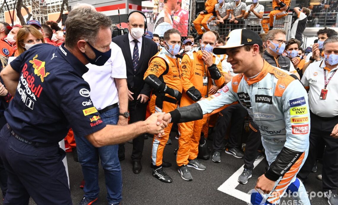 Christian Horner, Team Principal, Red Bull Racing, congratulates Lando Norris, McLaren, 3rd position, in Parc Ferme