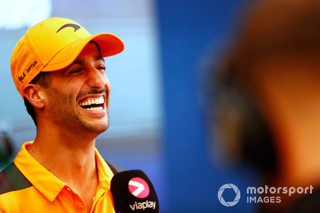 Daniel Ricciardo, McLaren, talks to the press