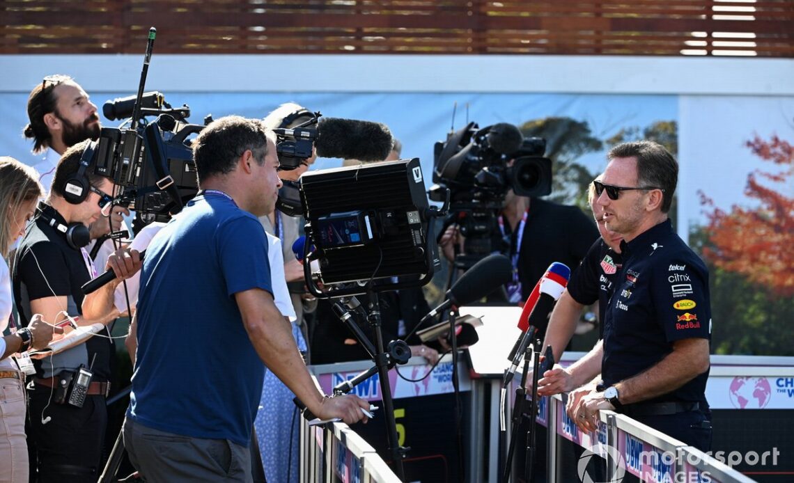 Christian Horner, Team Principal, Red Bull Racing, talks to Ted Kravitz, Sky TV