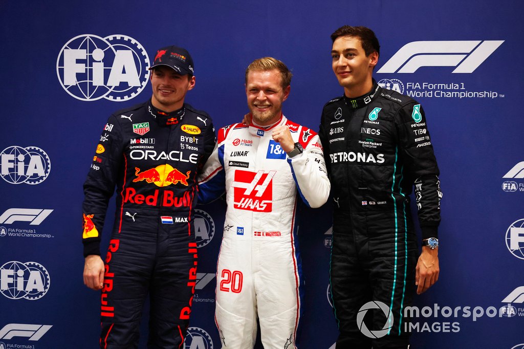 Top three Qualifiers Max Verstappen, Red Bull Racing, pole man Kevin Magnussen, Haas F1 Team, George Russell, Mercedes AMG