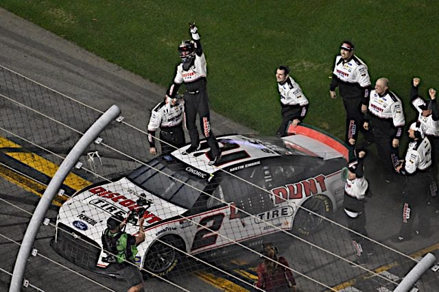 Austin Cindric celebrates winning the Daytona 500 on the frontstretch. (Photo: NKP)