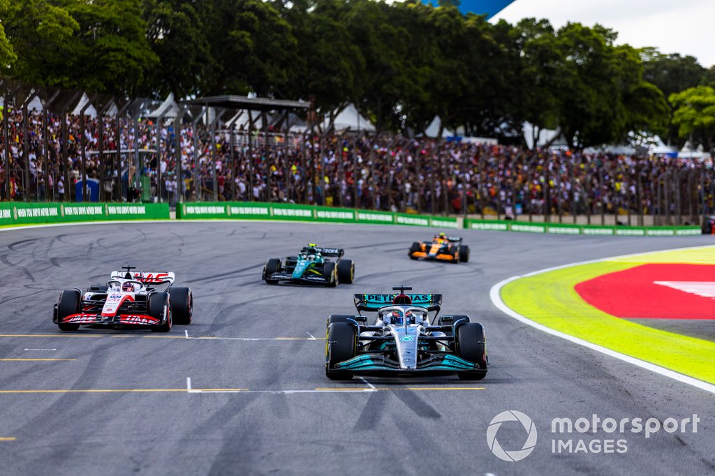 George Russell, Mercedes W13, Kevin Magnussen, Haas VF-22, Sebastian Vettel, Aston Martin AMR22, Lando Norris, McLaren MCL36, to the Sprint grid