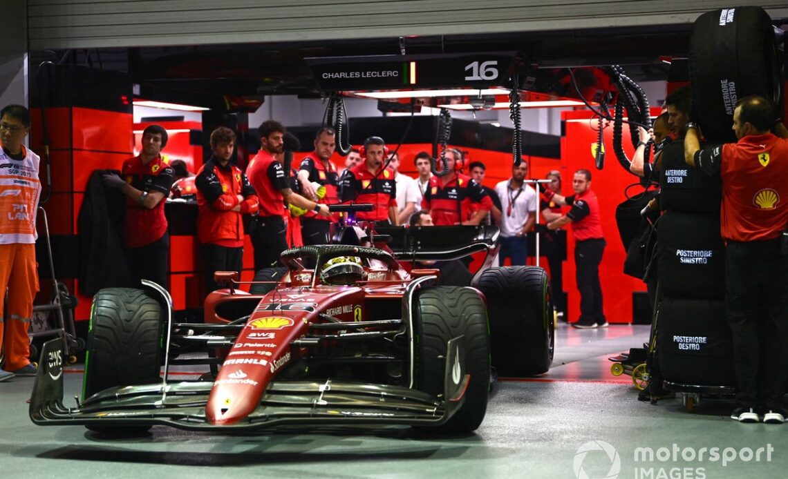 Charles Leclerc, Ferrari F1-75, leaves the garage