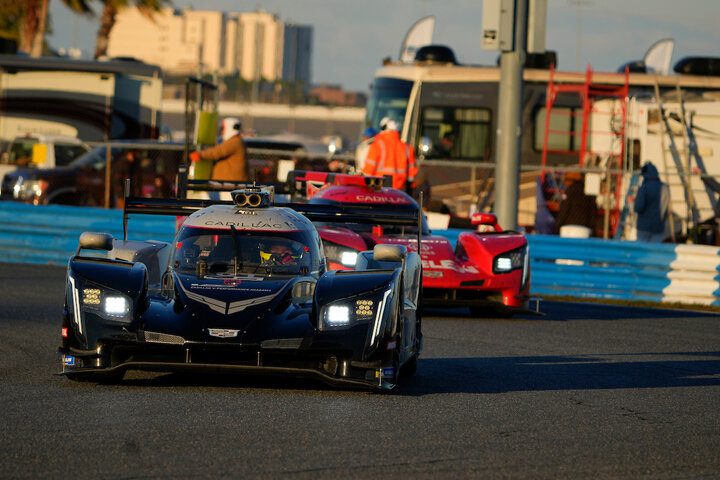 Renger van der Zande and Tristan Nunez race for position entering West Bend during the Rolex 24 at Daytona, 1/29/2022 (Photo: Courtesy of IMSA)