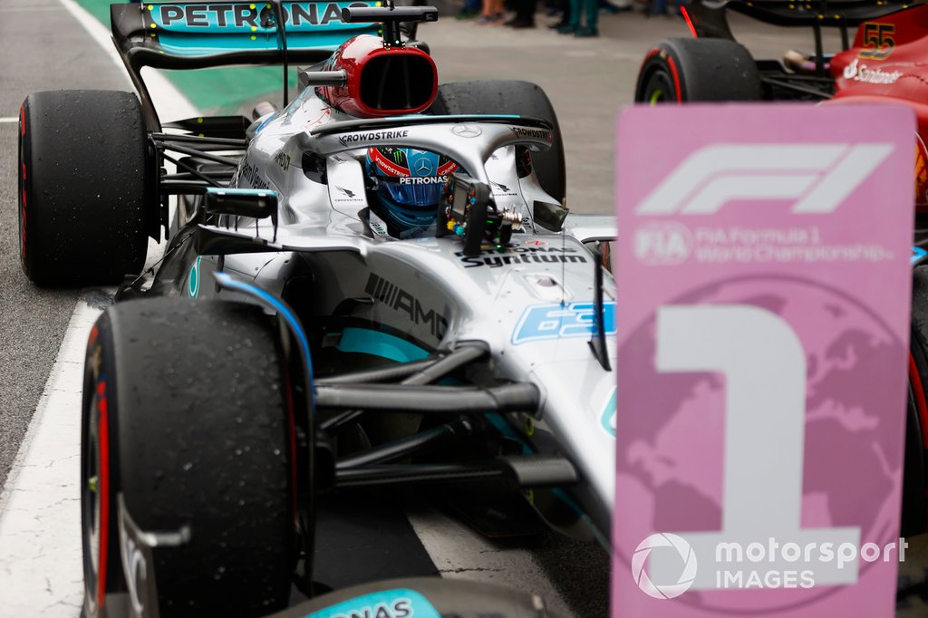 George Russell, Mercedes AMG, 1st position, arrives in Parc Ferme