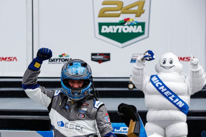 Dan Goldburg celebrates after sweeping the inaugural VP Racing SportsCar Challenge weekend at Daytona, 1/22/2023 (Photo: Courtesy of IMSA)
