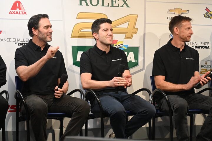 Jimmie Johnson, Mike Rockenfeller and Jenson Button during the Garage 56 driver announcement press conference, 1/28/2023 (Photo: Phil Allaway)