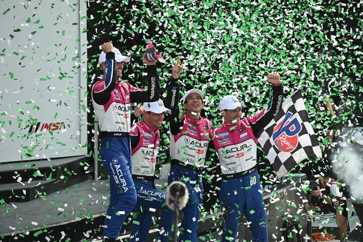 Meyer Shank Racing with Curb-Agajanian's Tom Blomqvist, Colin Braun, Helio Castroneves and Simon Pagenaud celebrate their Rolex 24 at Daytona victory, 1/29/2023 (Photo: Phil Allaway)