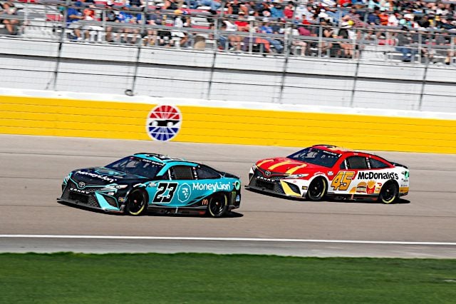 Bubba Wallace and Ty Gibbs racing in the NASCAR Cup Series race at Las Vegas in the fall, NKP