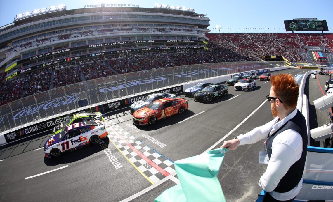 The field takes the green in the 2022 Busch Light Clash at the Los Angeles Coliseum to start the NASCAR season.