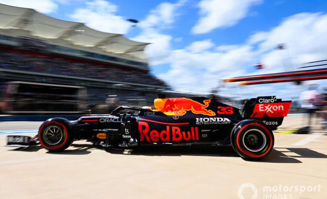 Max Verstappen, Red Bull Racing RB16B, leaves the garage