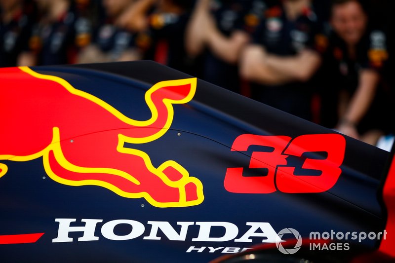 A Honda logo on the engine cover of the Max Verstappen Red Bull Racing RB15