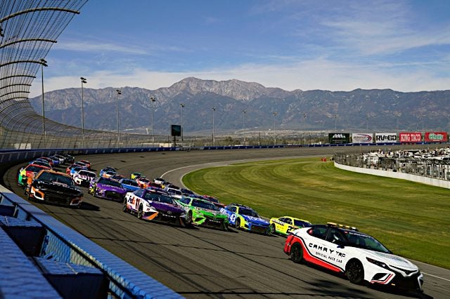 The NASCAR Cup Series field lines up for the start of the 2022 Wise Power 400 at Auto Club Speedway. Photo: NKP