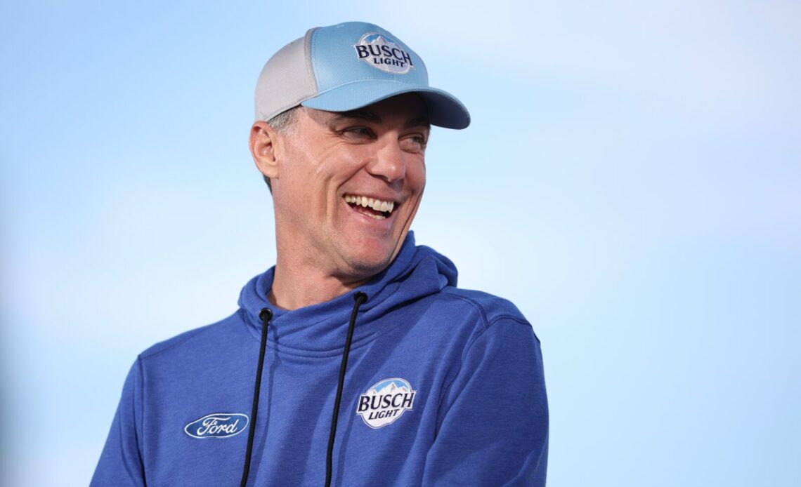 LOS ANGELES, CALIFORNIA - FEBRUARY 04: Kevin Harvick, driver of the #4 Busch Light Ford, speaks to the media prior to practice for the NASCAR Clash at the Coliseum at Los Angeles Coliseum on February 04, 2023 in Los Angeles, California. (Photo by James Gilbert/Getty Images)