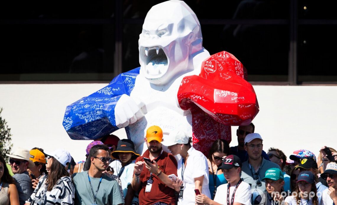 Fans gathered around a Gorilla sculpture in French colours at Paul Ricard