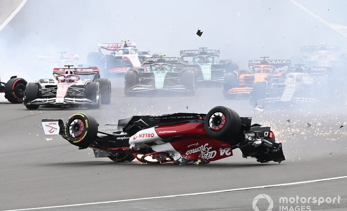 The accident involving Zhou Guanyu, Alfa Romeo C42 at the start of the race