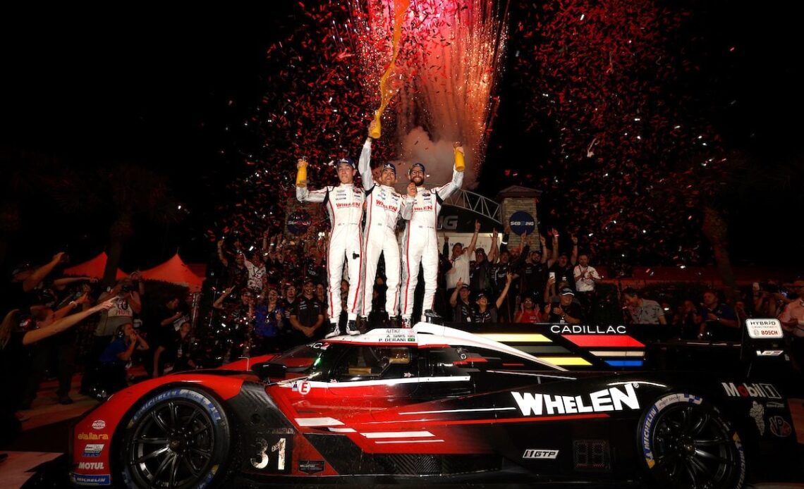 Pipo Derani, Alexander Sims, and Jack Aitken after winning the Mobil 1 12 Hours of Sebring. 3/18/2023