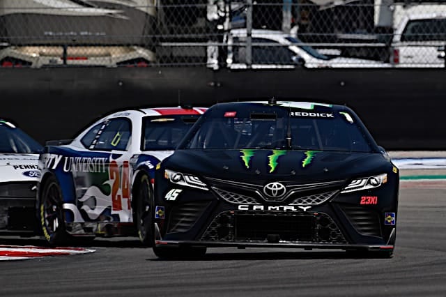 2023 Cup COTA Tyler Reddick, No. 45 23XI Racing Toyota, leads William Byron, No. 24 Hendrick Motorsports Chevrolet (Credit: NKP)