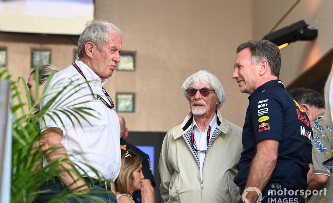 Helmut Marko, Consultant, Red Bull Racing, Bernie Ecclestone and Christian Horner, Team Principal, Red Bull Racing