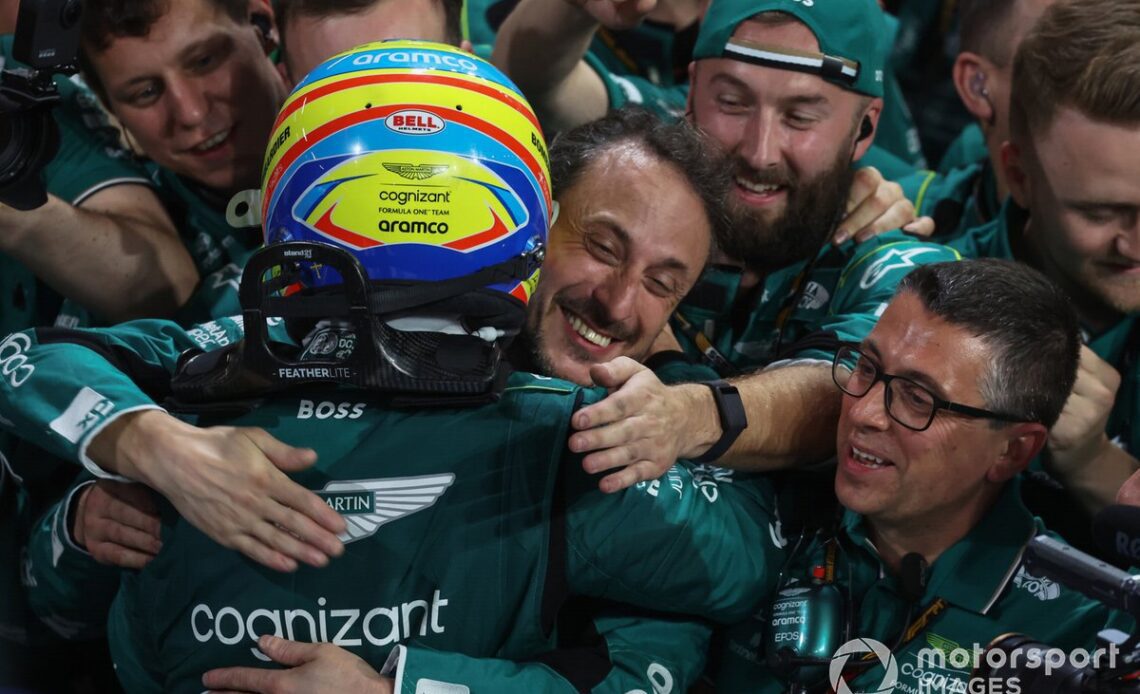 Fernando Alonso, Aston Martin F1 Team, provisionally 3rd position, celebrates with his team in Parc Ferme