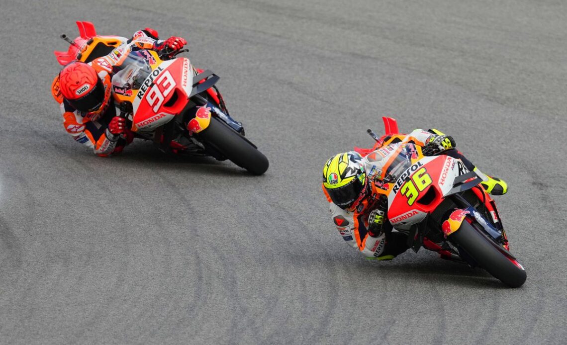 Joan Mir had a few problems on his first outing as the team-mate of Marc Marquez (following).