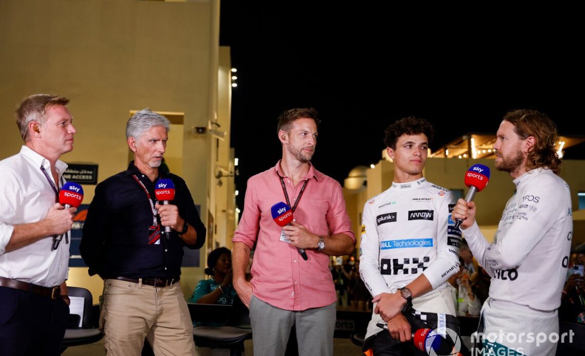 Lando Norris, McLaren, Sebastian Vettel, Aston Martin, are interviewed by Sky Sports F1 after the race