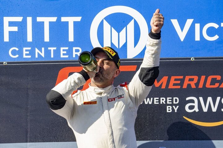 Jason Daskalos celebrates after winning GT America Race No. 1 at St. Petersburg, 2/25/2022 (Photo: Brian Cleary/SRO Motorsports Group)