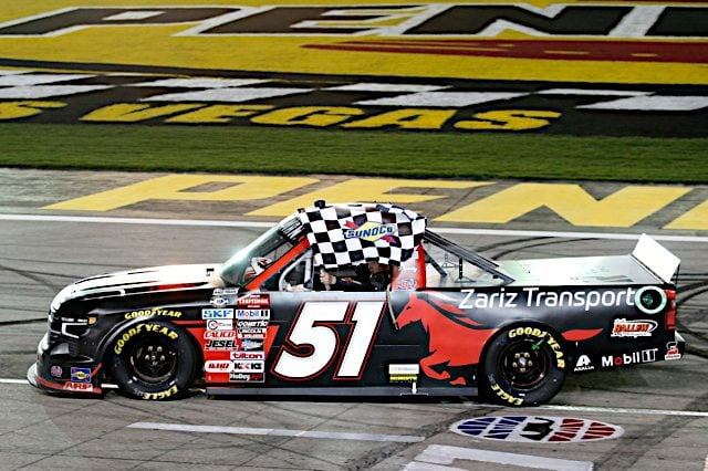 2023 Trucks Las Vegas Kyle Busch, No. 51 Kyle Busch Motorsports Chevrolet, checkered flag (Credit: NKP)