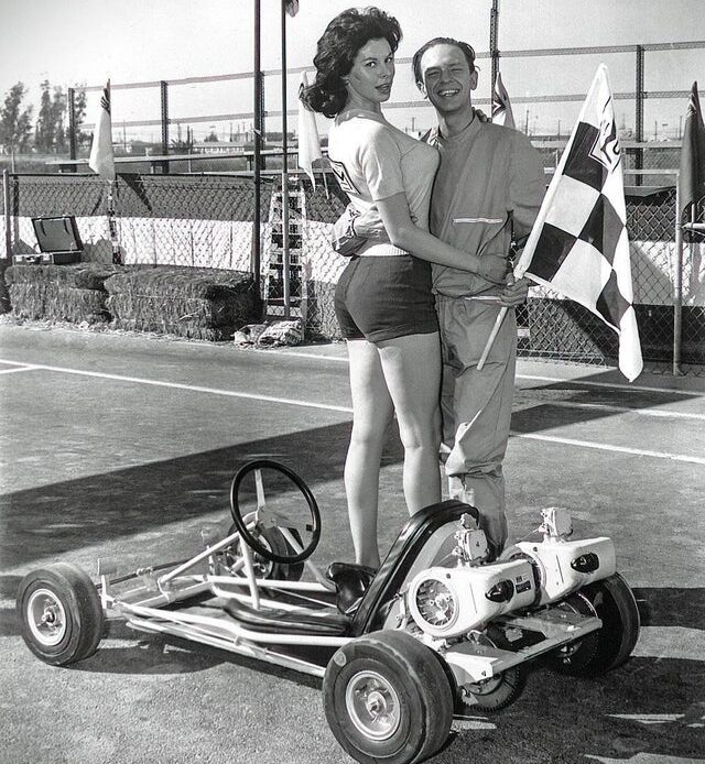 McColloch's Go-Kart Ambassador, Don Knotts, with twin engine Go-Kart in 1961