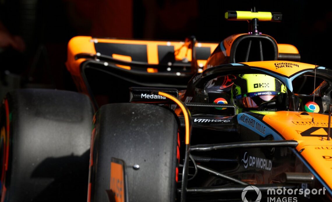 Lando Norris, McLaren MCL60, leaves the garage