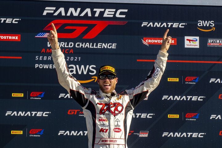 Memo Gidley celebrates after winning GT America Powered by AWS Race No. 1 at Sebring International Raceway, 10/2/2021 (Photo: Brian Cleary/SRO Motorsports Group)