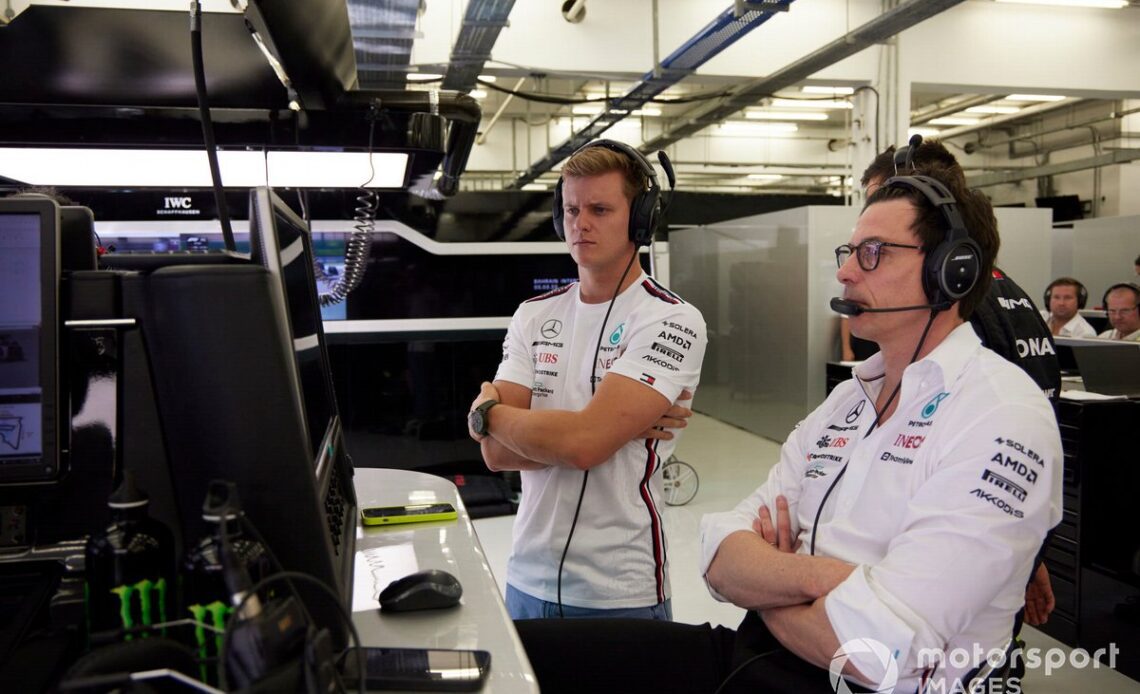 Mick Schumacher, Reserve Driver, Mercedes-AMG, with Toto Wolff, Team Principal and CEO, Mercedes-AMG