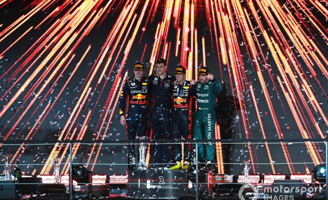 Max Verstappen, Red Bull Racing, 2nd position, the Red Bull trophy delegate, Sergio Perez, Red Bull Racing, 1st position, Fernando Alonso, Aston Martin F1 Team, provisionally 3rd position, on the podium
