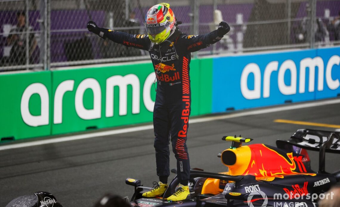 Sergio Perez, Red Bull Racing, 1st position, celebrates on arrival in Parc Ferme