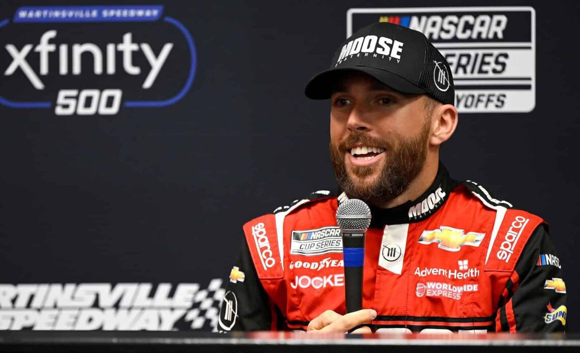 Ross Chastain, driver of the #1 Moose Fraternity Chevrolet, speaks to the media during a press conference after the NASCAR Cup Series Xfinity 500 at Martinsville Speedway on October 30, 2022 in Martinsville, Virginia. (Photo by Eakin Howard/Getty Images)