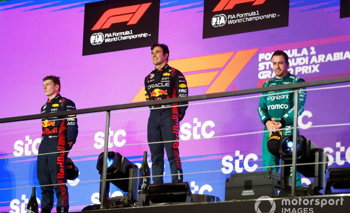 Max Verstappen, Red Bull Racing, 2nd position, Sergio Perez, Red Bull Racing, 1st position, Fernando Alonso, Aston Martin F1 Team, provisionally 3rd position