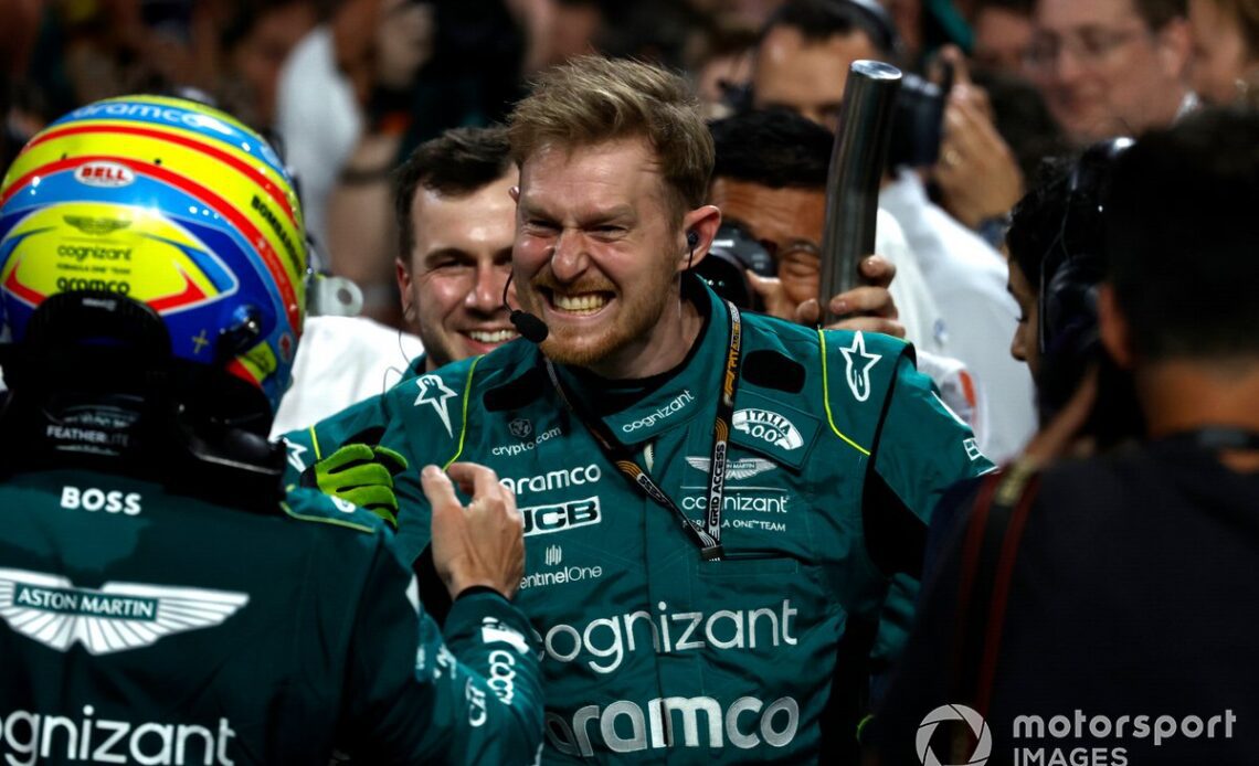Fernando Alonso, Aston Martin F1 Team, 3rd position, celebrates with his team in Parc Ferme