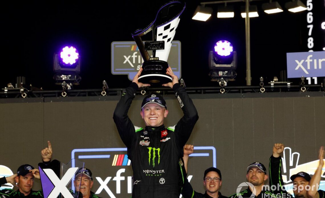 Ty Gibbs, Joe Gibbs Racing, Monster Energy Toyota Supra celebrates his win