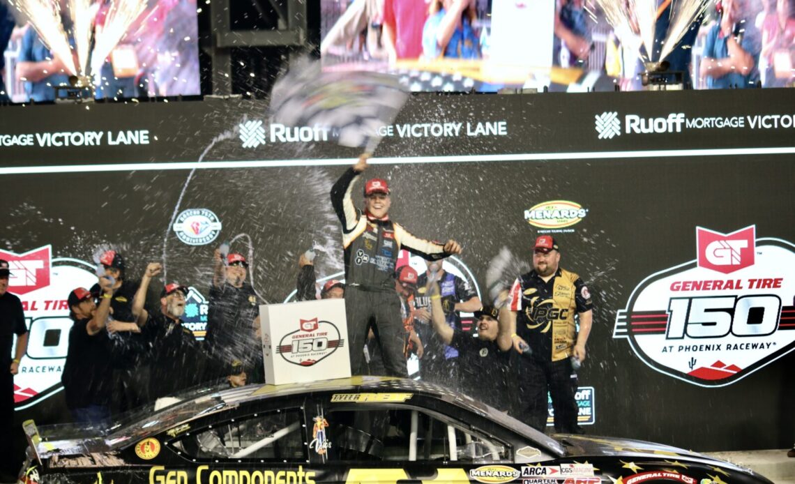 Tyler Reif celebrates in Victory Lane after winning the General Tire 150 at Phoenix Raceway, 3/10/2023 (Photo: Amy Henderson)